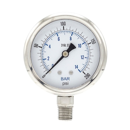 Pic Gauges 2 1/2 in Dial, 1/4 in NPT Male Lower Location, Stainless Steel Case Material PRO-301D-254G-01